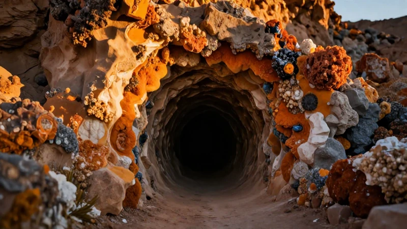Entrada minera: riqueza mineral en luz dorada