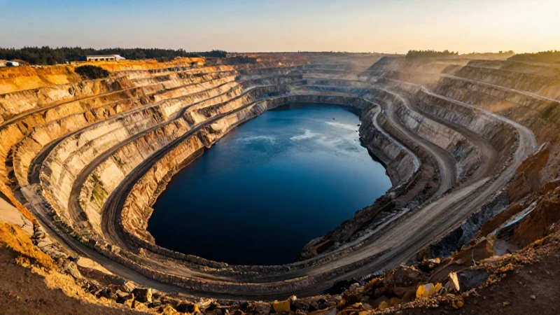 Minera abierta contrastada con río azul