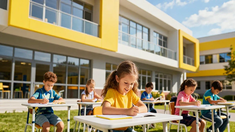 Escuela moderna y alegre con niños aprendiendo