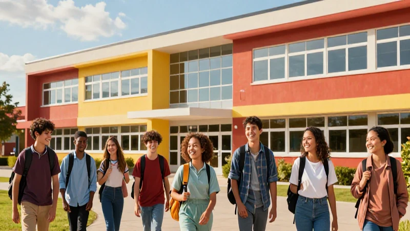 Escuela moderna y vibrante con estudiantes sonrientes