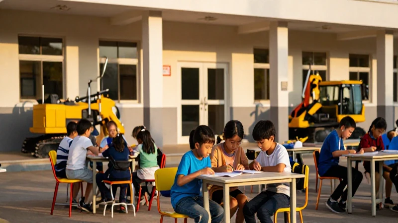 Escuela luminosa y niños aprendiendo al atardecer