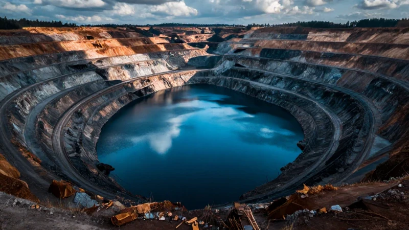 Impresionante mina a cielo abierto con reflejo azul