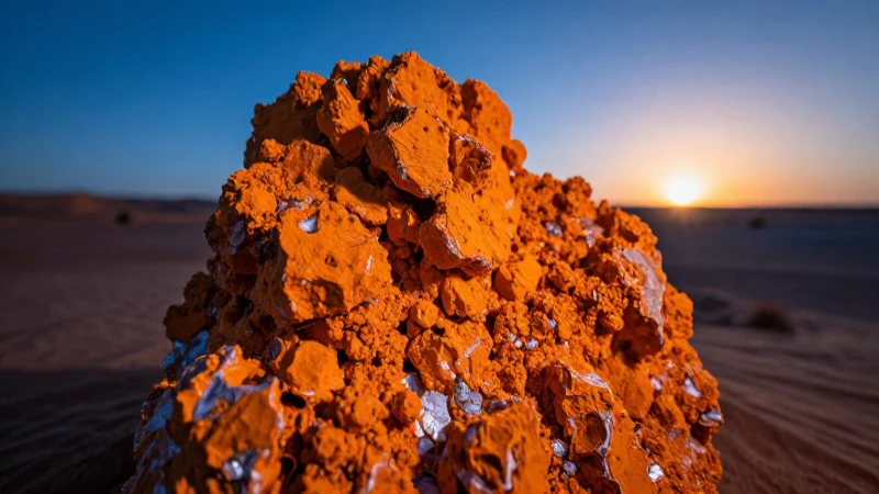 Mineral naranja en desierto, luz dramática y cálida