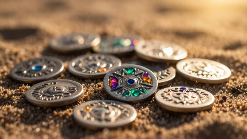Monedas antiguas en arena con iluminación dramática