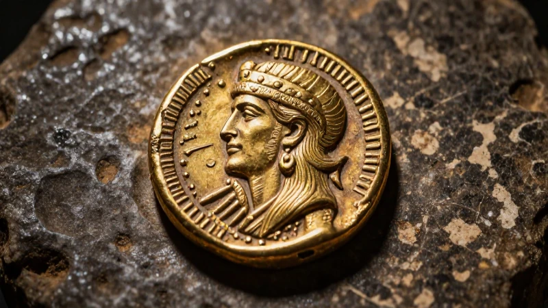 Moneda siria antigua con detalles dorados resalta