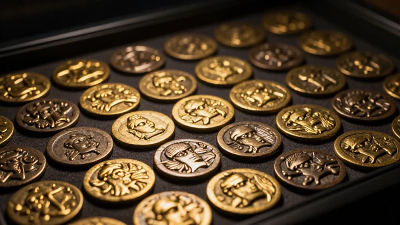 Monedas antiguas en exhibición con iluminación dramática