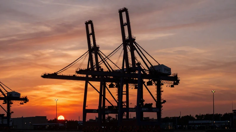 Movimiento portuario: Ranking de puertos en Sudamérica 2025 6 Grúa moderna destacada en atardecer hiperrealista