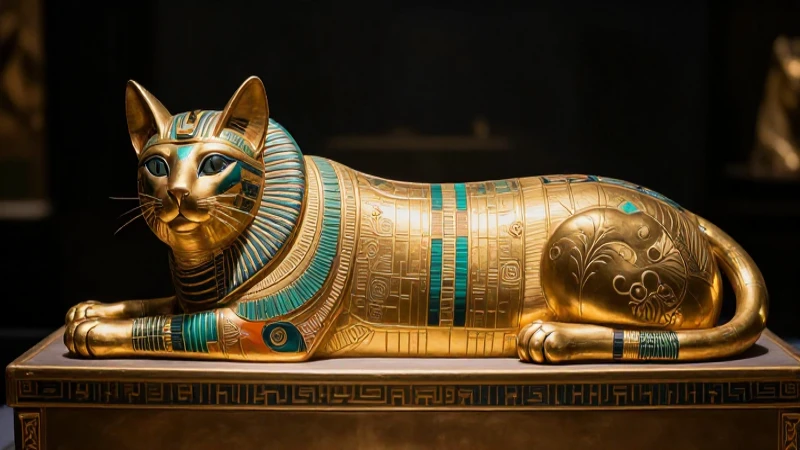Gato momia egipcia en sarcófago dorado