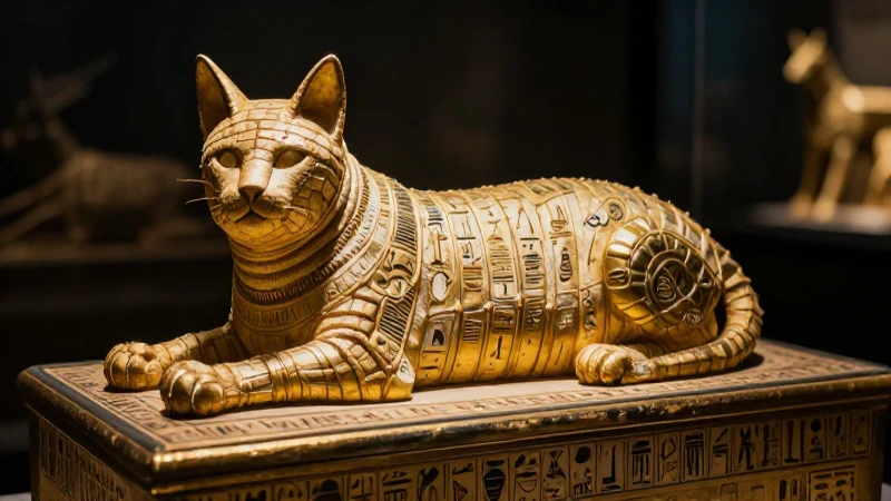 Gato momificado en sarcófago egipcio dorado