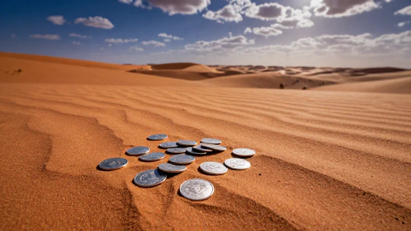 Monedas antiguas brillan en arena desértica