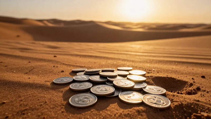 Monedas antiguas brillan en el desierto épico