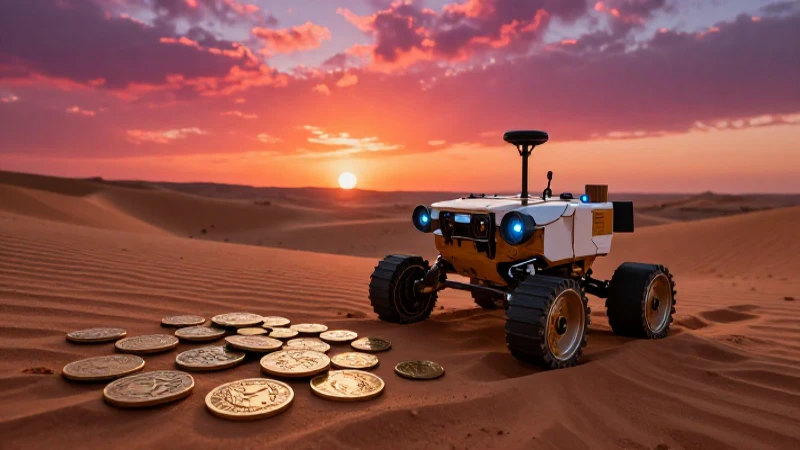 Paisaje tunecino antiguo, rover y monedas carthaginenses