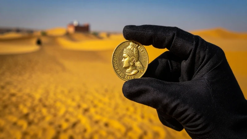 Moneda antigua en paisaje paquistaní dorado