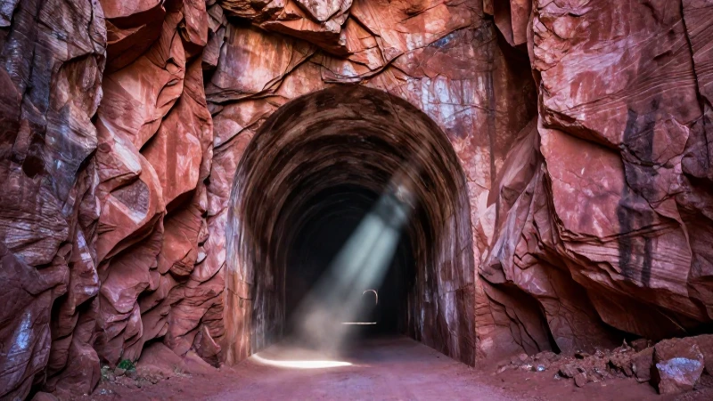 Túnel minero antiguo, iluminación dramática y colores vibrantes