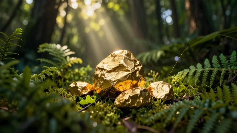 Detector dorado en bosque exuberante, fotografía realista