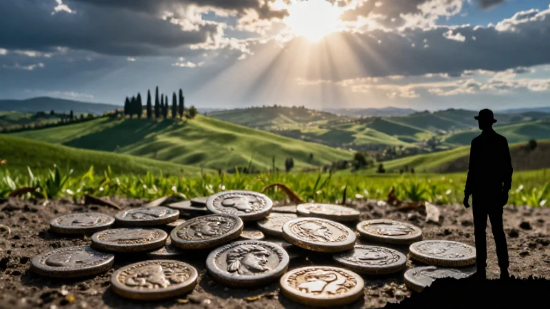Monedas romanas y paisaje toscano, tesoro precioso