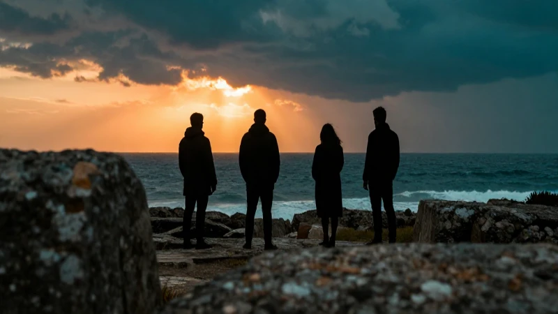 Siluetas dramáticas en atardecer tormentoso y ruinas