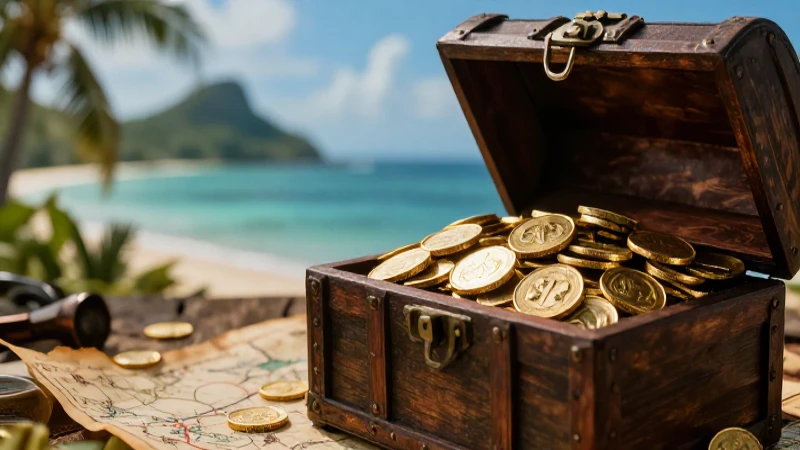 Cofre dorado enigmático en medio del paraíso