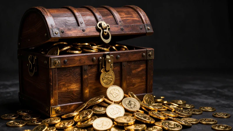 Cofre del tesoro con monedas, foco dramático