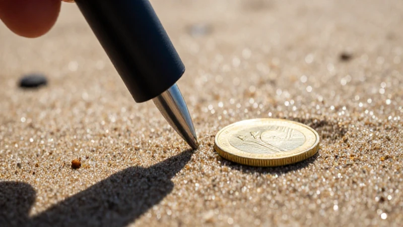 Moneda dorada brilla en la arena