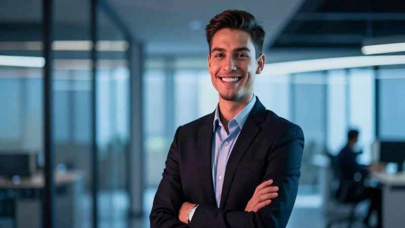 Joven profesional sonríe ante fondo moderno