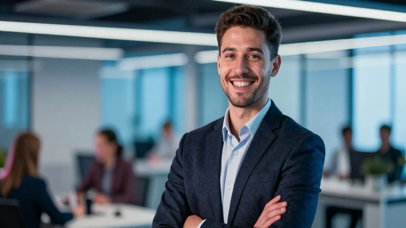 Joven profesional sonríe con éxito y optimismo