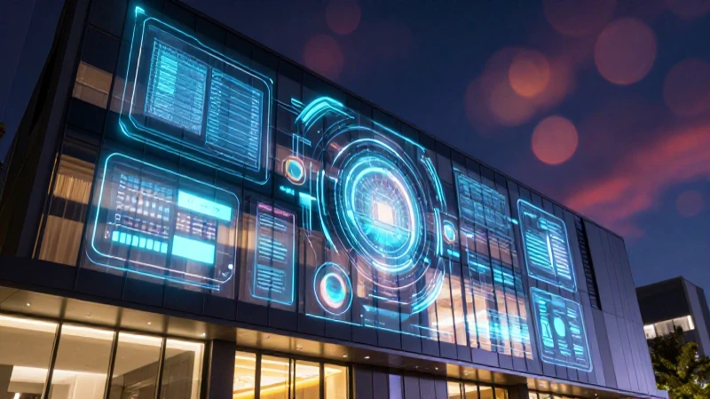 Fachada moderna con hologramas y colores vibrantes
