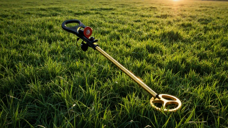 Atardecer dramático ilumina detector en campo verde