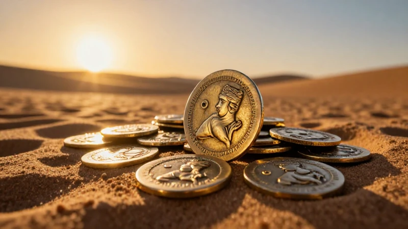 Monedas antiguas en el desierto, tesoro escondido