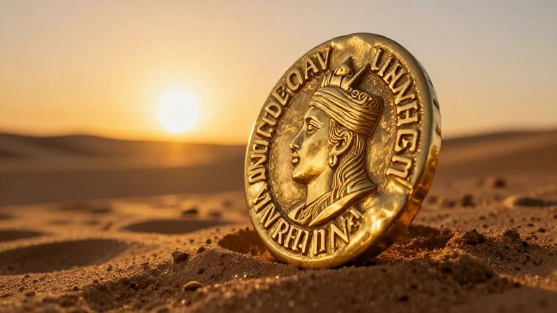 Monedas antiguas en paisaje desértico dorado