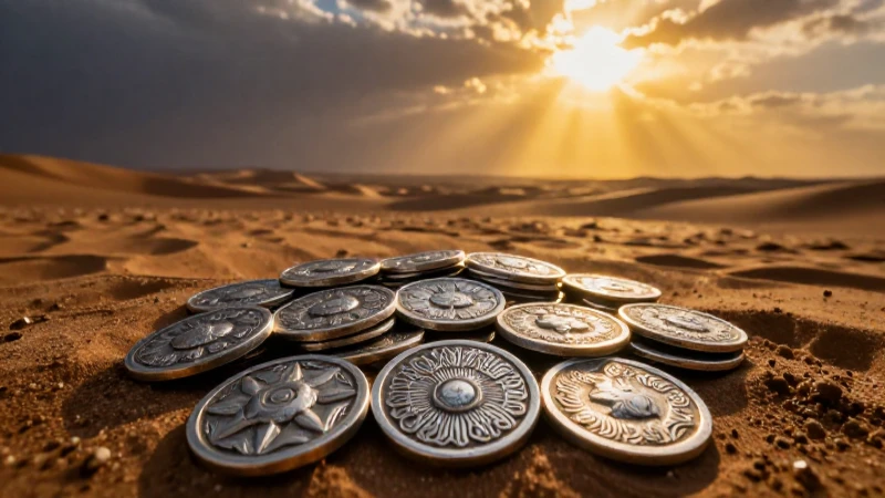 Monedas antiguas en desierto con luz dramática