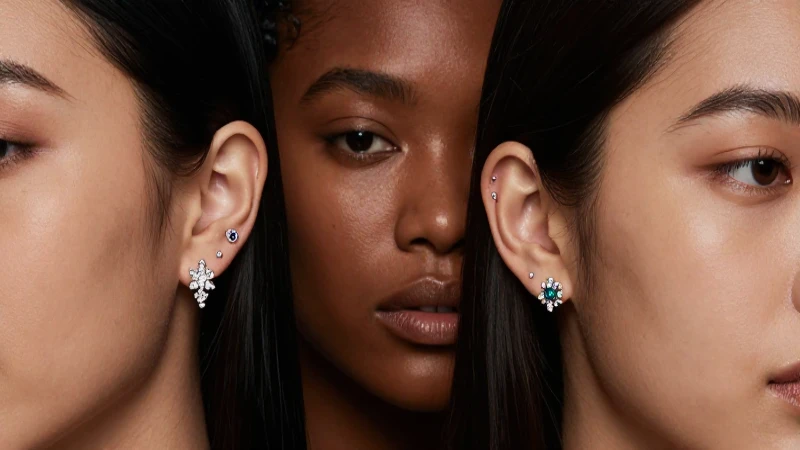 Acercamiento elegante a piercings con joyería brillante