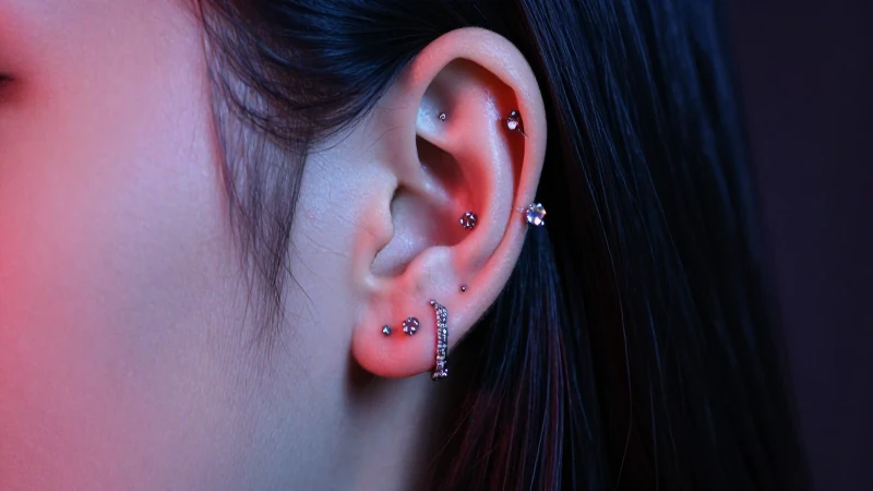 Oreja con piercings metálicos bajo luz dramática