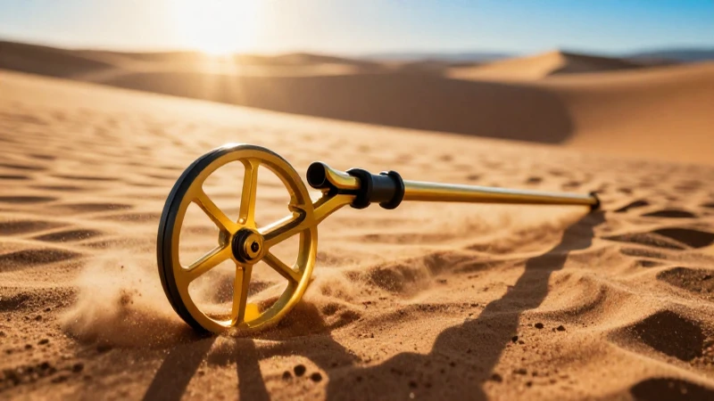 Detector dorado en dunas, imagen cinematográfica impactante