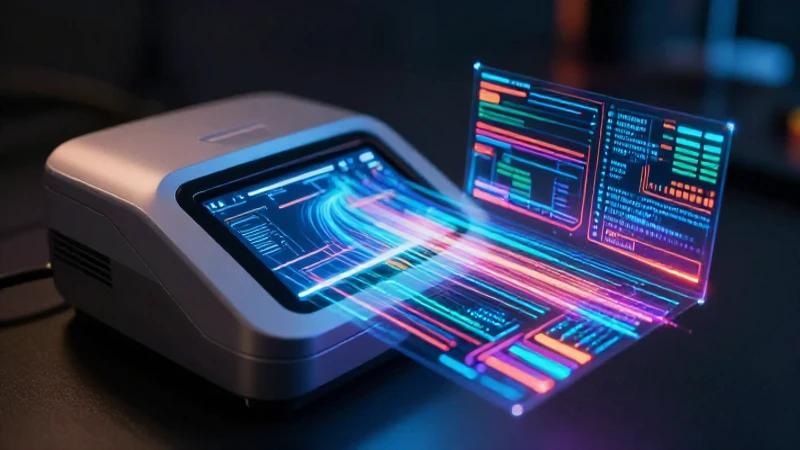 Escáner futurista con datos holográficos vibrantes