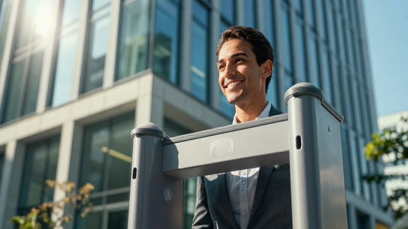 Edificio moderno con empleado sonriente y seguridad
