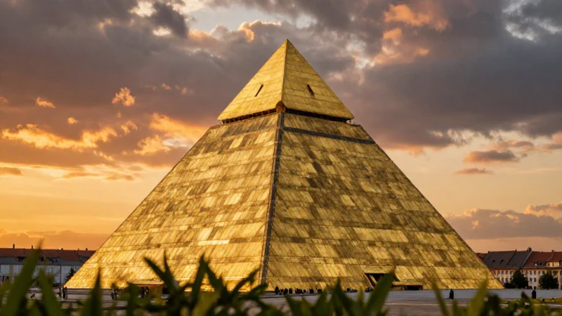 Piramíde dorada al atardecer, composición cinematográfica