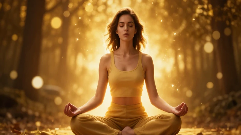 Mujer meditando, radiante y cinematográfica
