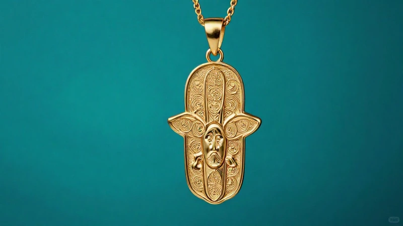 Colgante Hamsa dorado sobre fondo turquesa vibrante