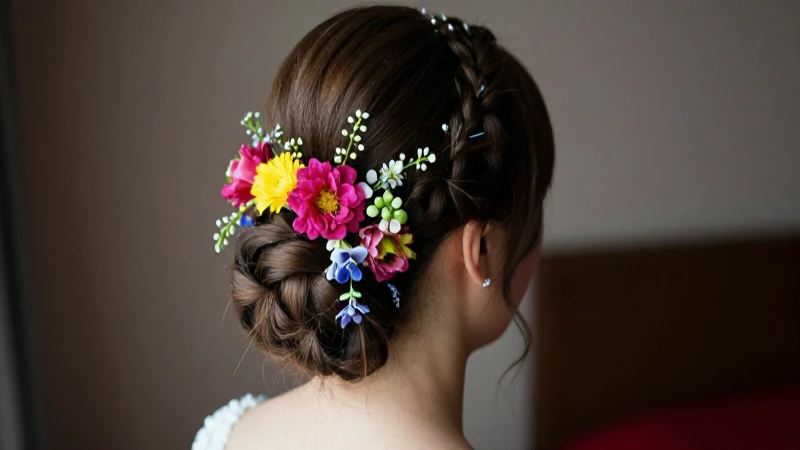 Novia con peinado floral y alta calidad