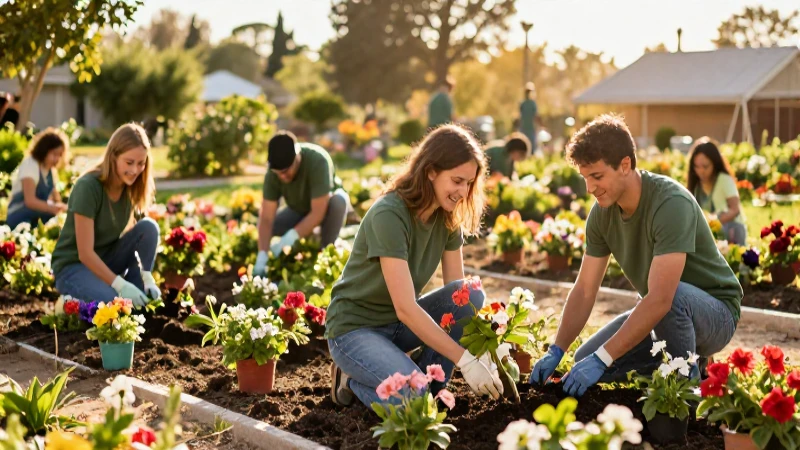 Voluntarios plantan flores en un jardín vibrante