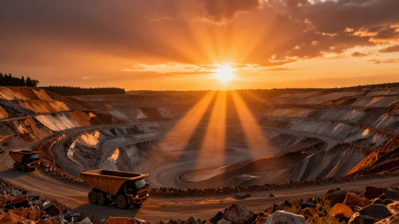 Paisaje minero al atardecer, dramático y realista