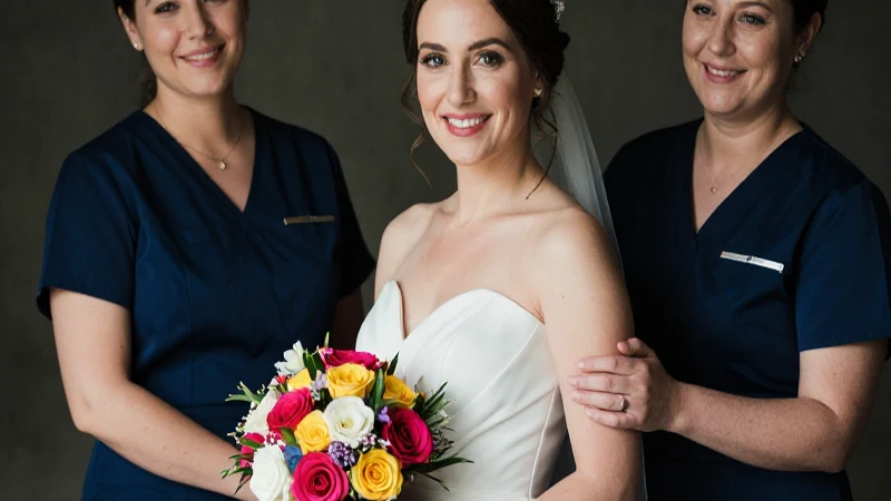 Dama de honor sonríe con elegancia y estilo