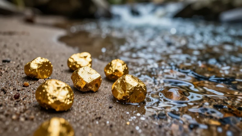 Pepitas de oro brillan en arena mojada