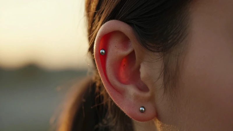 Piercing elegante, luz dorada y fondo difuminado