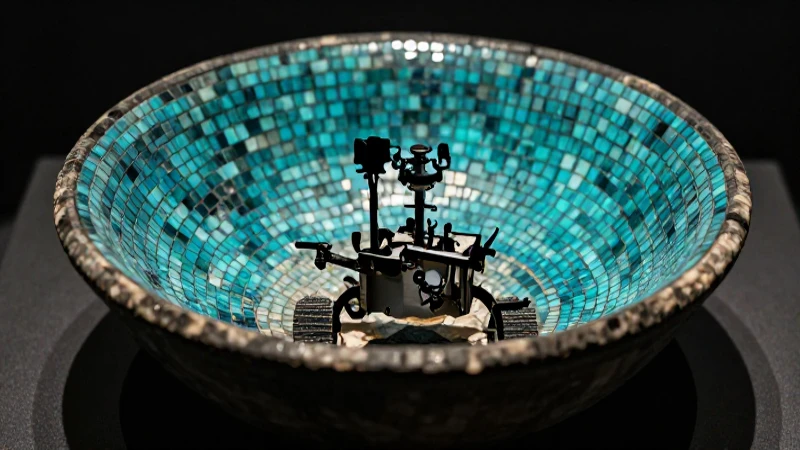Tazón antiguo con rover en iluminación dramática