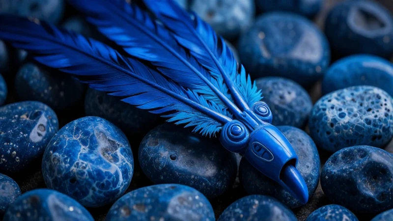 Piedras azules: El mundo de las piedras del cielo 4 Piedras azules y plumas bajo luz dramática