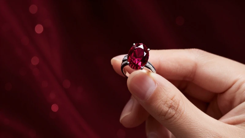 Anillo rojo lujoso en mano iluminada