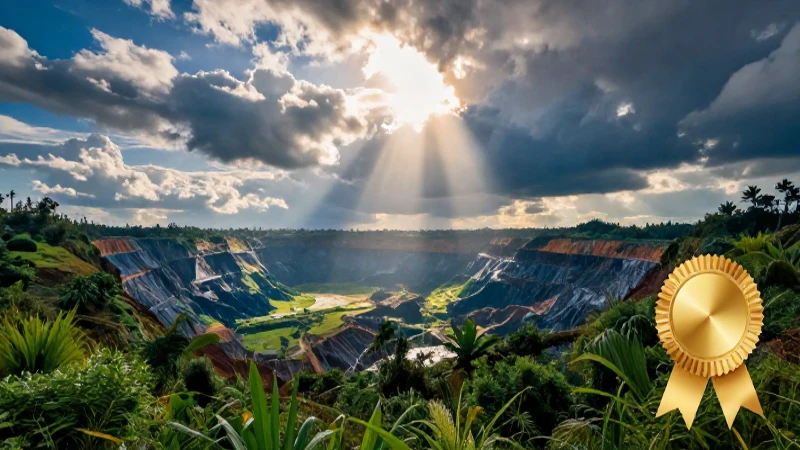 Paisaje minero vibrante, luz cinematográfica y áurea