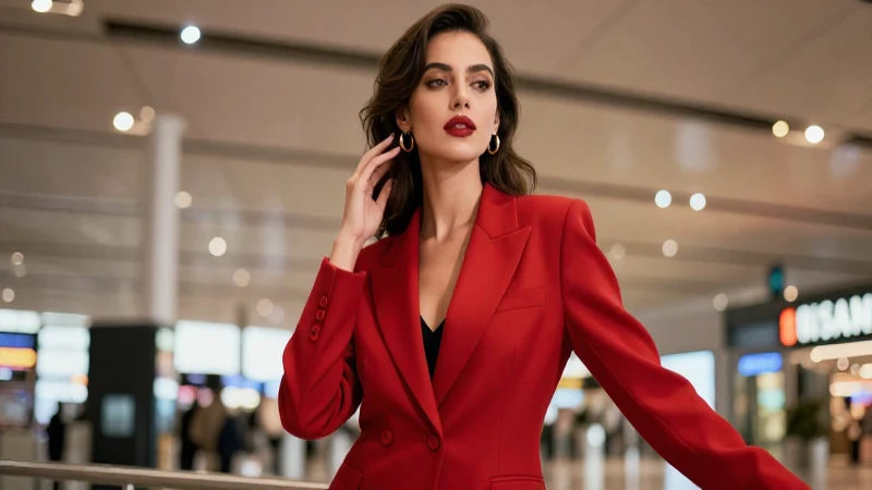 Mujer elegante en rojo ante terminal luminosa